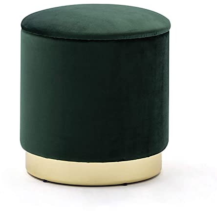 HNNHOME 37cm Round Velvet Ottoman Storage Box with Lid, Pouffe Seat Chair, Living Room Footstool, Bedroom Dressing Stool with Gold Plating Base (Dark Green)
