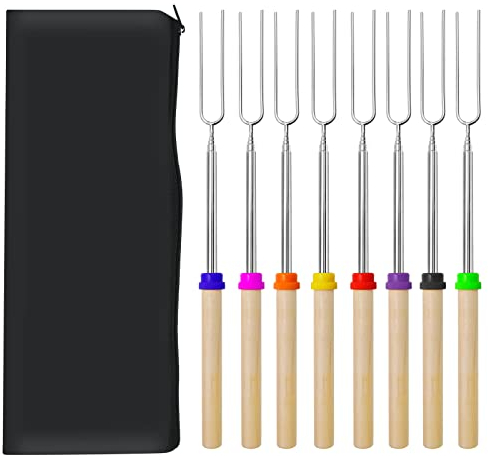 Grillgabeln, Marshmallow-Bratstäbchen, ausziehbar, Edelstahl, 81,3 cm, U-Form, Hotdog-Gabel mit Holzgriff, Grillspieße für Feuerstelle und Grill-Feuer-Party, 81,3 cm