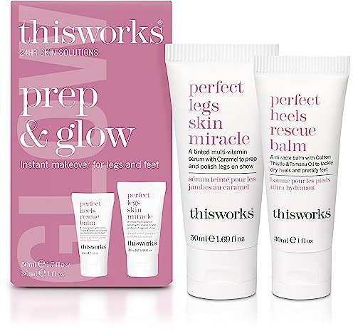 THISWORKS Prep and Glow Gift Set - Travel Size Kit with Perfect Legs Skin Miracle and Perfect Heels Rescue Balm Foot Cream - Nourishing & Hydrating Bodycare Duo