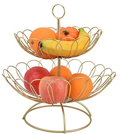 Natudeco Corbeille à fruits à 2 niveaux Panier a fruits a etages en métal Corbeille table fruits et legumes fraîcheur Support à fruits avec 2 bols de rangement pour cuisine, comptoir, salon
