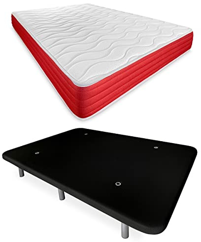 DUÉRMETE ONLINE - Cama Completa con Colchón Lite Reversible + Base Tapizada Reforzada Color Negro con 6 Patas Metálicas Roscadas, 105 x 190