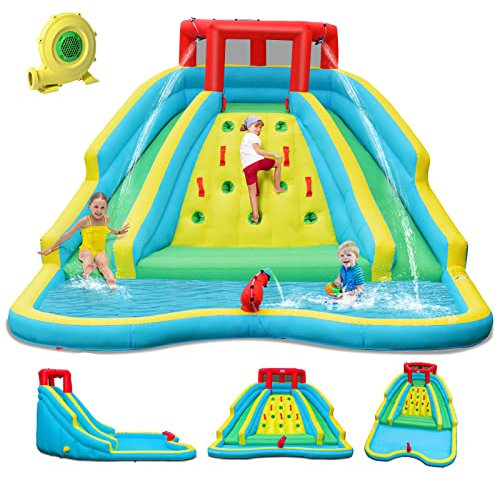 GOPLUS Château Gonflable avec Toboggans& Pataugeoire avec Canon à Eau, Mur d’Escalade, Aire de Jeux Gonflable, avec Souffleur 680w, Cadeau pour 3 Enfants de 3 à 10 Ans 160KG