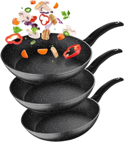Avilia Set di 3 Padelle Antiaderenti in Pietra Dura a Induzione - Cottura Uniforme per Carne, Pesce, Verdure - Dimensioni: 20cm/24cm/28cm - Adatte per Piano Induzione, Lavabili in Lavastoviglie
