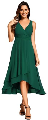 Ever-Pretty Vestido de Cóctel para Mujer Gasa Alta Baja Cuello en V Sin Mancha Cintura del Imperio Elegante Verde Oscuro 36