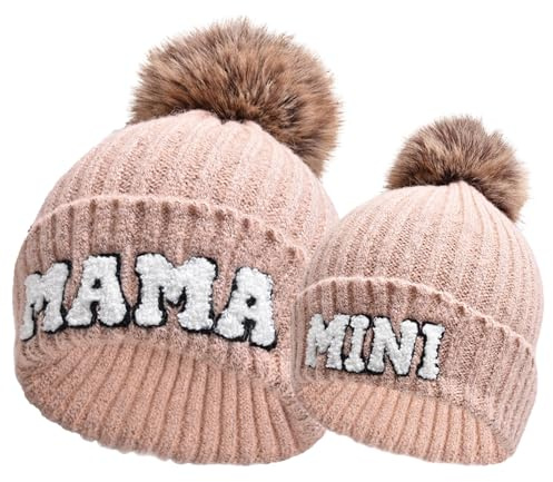 Kunyeah 2 Cappelli da Donna per Genitore-Figlio, Ricamati, Lavorati a Maglia, per Mamma e Bambino, Cappelli Invernali Caldi con Pompon, Rosa, Taglia Unica
