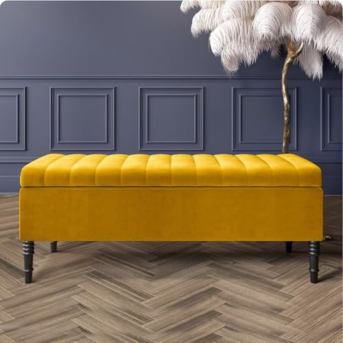 Paris Velvet Ottoman Storage Bench with Legs, End of Bed Blanket Box with Extra Deep Hidden Storage & Hinged Lid, Upholstered Ottoman Storage Box, Shoe Storage Ottoman, Padded Entryway Seat