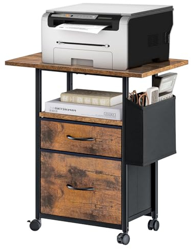 Wooruy Printer Stand with 2 Fabric Drawers Mobile File Cabinet,End Table On Wheel Slim Bedside Table with Side Bag,Nightstand Coffee Tables for Living Room,Bedroom,23.6x15x27.8inch(Rustic Brown)