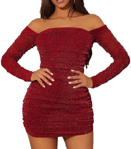 MOEENCN Women Mesh Bodycon Mini Dress Long Sleeve Square Collar Pleated Ruched Dresses Party Night Club Outfits Burgundy XL