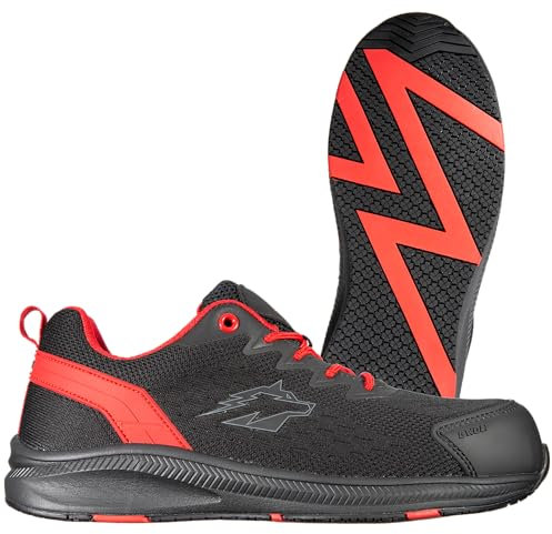 BWOLF Fly S1PS Zapatos de Trabajo de Seguridad ESD, Kevlar, Antiperforación, Antideslizantes, Suela EVA + Ergo Plus Comfort, Negro Rojo, 40 EU