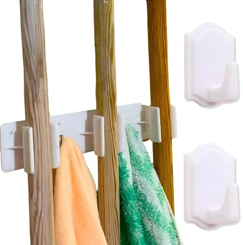 3 Colgador Escobas y Fregonas Adhesivos Soporte Escobas para Pared mas 4 Ganchos Colgadores Adhesivos Resistentes - Escobero Adhesivo Pared - Accesorios Cocina Sujeta Escobas