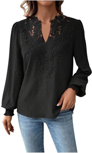 Camicia da donna elegante con cuciture in pizzo, tinta unita, maniche a sbuffo, maglietta con scollo a V, a maniche lunghe, leggera, in pizzo, a maniche lunghe, per feste, Nero , XXL