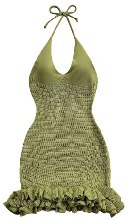 GORGLITTER Women's Vacation Outfit Crochet Halter Knit Bubble Mini Dress Sexy Beach Cruise Summer Miami Resort Outfits Green Large