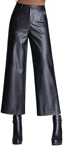 KIJSKKOPO Pantaloni in Pelle A Gamba Larga per Donna Pantaloni Corti, Neri Cerniera con Bottone Frontale Tasche Laterali Pu Pantaloni A Gamba Dritta Autunno Inverno Aderenti Pantaloni da Salotto per