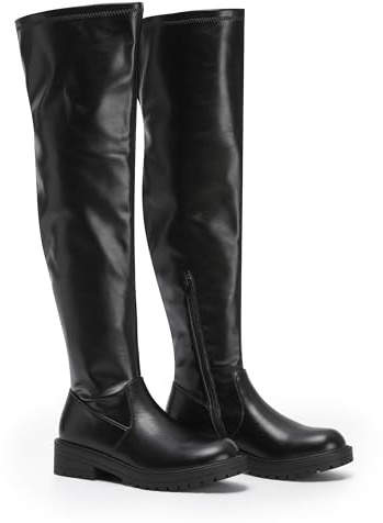 VIVASHOES Women's Black Over The Knee High Flat Riding Boots Stretch – Faux Leather Winter Booties for Women, Slip-Resistant Chunky Sole, Low Heel Comfort Shoes – Stylish Everyday Tall Boots - Black 5