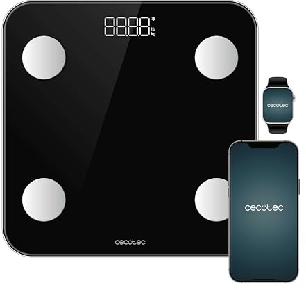 Cecotec Bilancia da bagno intelligente con App Surface Precision Smart. Bluetooth e 24 parametri, dimensioni 30 x 30 cm, 4 sensori, capacità massima 180 kg, funzionamento a batteria