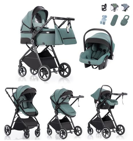 Kakbgee - Cochecito de Bebé 3 en 1 | con Capazo Plegable & Manillar 7 Alturas | Suspensión 4 Ruedas RUEDAS PU | Norma EN1888 | Grande Cesta | 0-3 Años (15kg), Azul-Verde