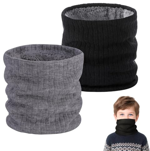 CIYIN Tour de Cou Enfant, 2 Pcs Snood Coton Enfant, Cache Cou Enfant, Tour de Cou Enfant Polaire, Écharpe Bébé Hiver, Cache cou Foulards, pour Garçons Filles (Noir + Gris)