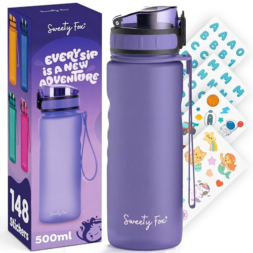 SweetyFox - Läckagesäker vattenflaska för barn, 500ml sportflaska, 100% läckagesäker - Lämplig för kolsyrade drycker, med fruktinfuser - Lila