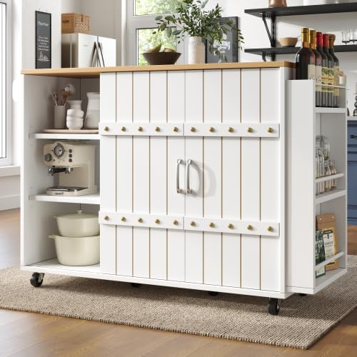 muenfly Carrello da cucina con ante scorrevoli e piano di lavoro pieghevole, bianco, 110 x 42 (70 x 90 cm, con 4 ruote, 3 cassetti, portaspezie e portasciugamani, carrello da portata