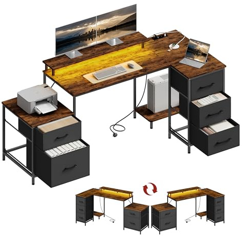 WOLTU Escritorio en L, Escritorio Esquinero 5 Cajones, 2 Enchufes 1 Puerto USB 1 Puerto Tipo C, Mesa Ordenador Reversible con Luz LED, para Gaming Estudio Oficina, 180x80x84 cm, Marrón Rústico