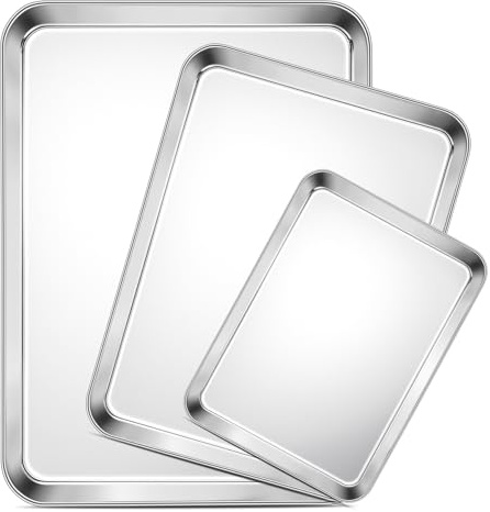 TeamFar Baking Sheet Set of 3, Stainless Steel Cookie Sheet Baking Tray Pan, Healthy & Non Toxic, Mirror Finish & Rust Free, Easy Clean & Dishwasher Safe