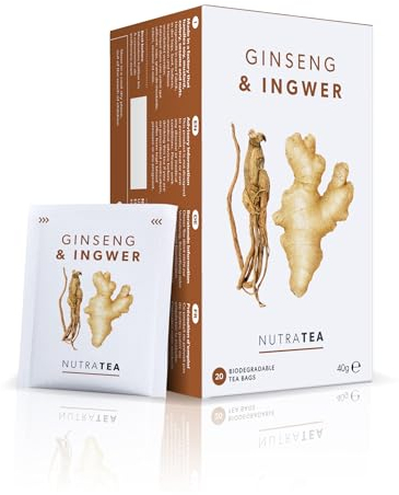 Nutra Tea Ginseng & Ginger - Wohltuender Tee mit 100% Ginseng & Ingwer - Fördert Energieniveau, Verdauung & Immunsystem - 60 Verpackte, Wiederverwendbare Teebeutel - Kräutertee - (3 Packung)