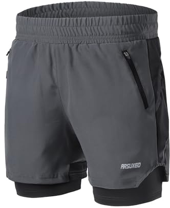 ARSUXEO Herr 2-i-1 aktiva löparshorts med 2 fickor med dragkedja B191, Mörkgrått, L