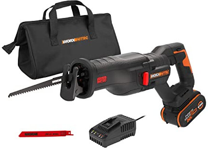 WORX Nitro 18V(20V MAX) Cordless Reciprocating Saw WX516 Brushless Saw 29mm, Quick Tool-Free Blade Change, Variable Cutting Speed Control, PowerShare, 1 * 4.0Ah Battery，1 * 2A Charger