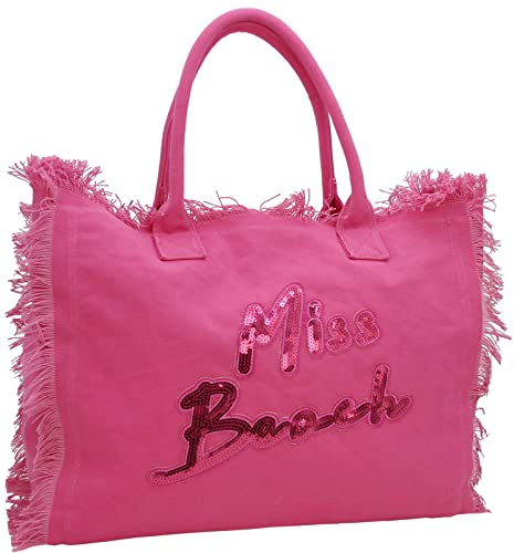 Miss Beach - Große XXL Badetasche mit Reißverschluss - Strandtasche - Picknick-Tasche aus Canvas (Pink)