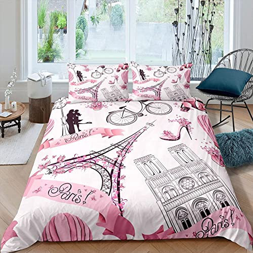 LUYAPOND Parure de Lit 90x190 Enfant Tour Eiffel Rose Housse de Couette 90x190 avec Fermeture Éclair - Sets de Housse Couette en Microfibre, avec 1 Taie d'oreiller 65x65 cm