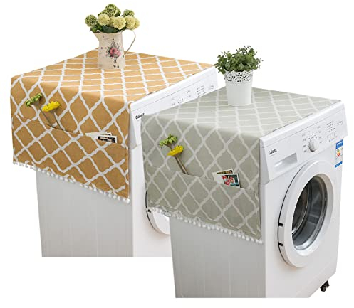 Housse Machine à Laver avec Poches, Housse Machine à Laver Top, Housse Anti-Poussière pour Réfrigérateurs Machines à Laver Sèche-Linge, 2 Pièces 55 x 130 cm (Jaune et Vert)