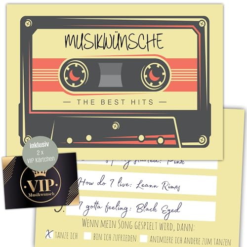 Eummel 50 Retro Musikwunschkarten inkl. VIP Karten Hochzeit Musikwunsch Dj Karten Geburtstag Boho Musikwünsche Musikkarten Partykarten