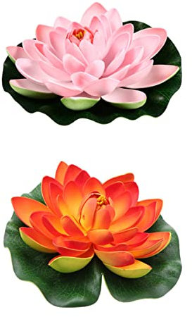 Housoutil Flores de Loto Artificiales Realistas Decorativas 17 Cm Naranja y Rosa Claro, Nenúfar Flotante para Estanque, Decoración Acuática para Jardín, Paquete de 2 Piezas