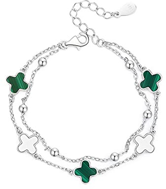 FFWTPY Armband Damen Vierblättriges Kleeblatt S925 Sterling Silber Rosegold Armkette Verstellbar Kleeblatt armbänder Malachit Armbändchen Valentinstag Muttertag Weihnachten Geschenk für Frauen