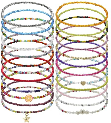Wnddle 24 Stück fussketten für frauen, Damen Fußkettchen, bunte Perlen fußkette,Boho fußkette damen, boho schmuck, Bohemian Fußketten für Frauen Damen Mädchen Strand Schmuck