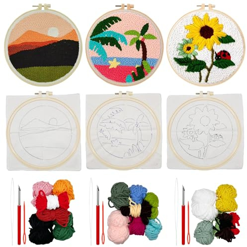 Allazone Punch Needle Kit Ricamo Starter Kit, 3 Pz Kit Completo per Ricamo con Motivo e Lstruzioni, Set da Ricamo per Principianti e Adulti (Albero di Cocco)