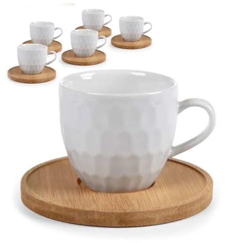 MA MAISON Set 6 Tazzine da Caffè in Porcellana Bianca con Piattino in Legno Eleganza e Stile per la Tua Pausa Caffè - 6,5 x 5,5 h cm