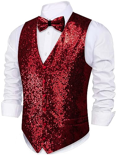 Barry.Wang Mens Sequin Shiny Red Waistcoat Bowtie Set Casual/Leisure V-neck Slim Fit Suit Vest for Festival Party Prom 2PCS