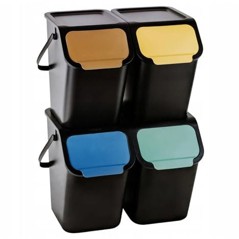 Practic Bini 4-er Mülleimer-Set, Müllbehälter, Stapelbar, Deckel mit Klick-System, Küche Mülltrennsystem 4x Mülleimer mit Deckel 4x25L