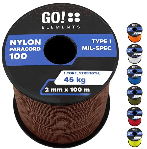 GO!elements 100m Paracord 2mm in corda di nylon antistrappo - Corda di sopravvivenza Paracord 100 Tipo I - antistrappo e caricabile fino a 45kg, Colore: Marrone
