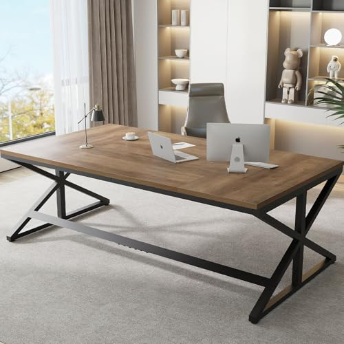 IBF Long Industrial Computer Table, Large Modern Wood Home Office Desk, Light Oak Pc Study Gaming Work Writing Table for 2 Person, Farmhouse Double Workstation Desk with Storage in Bedroom 180CM