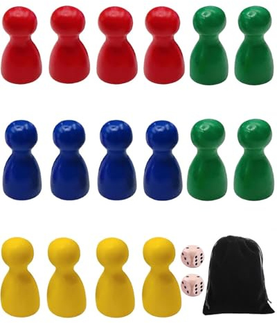 KEMUZ Holzspielstücke für Brettspiele, bunte Spielfiguren, Mehrfarbig, Schachspiel, Brettspiel, 16 Holzkegel und 2 Holzwürfel