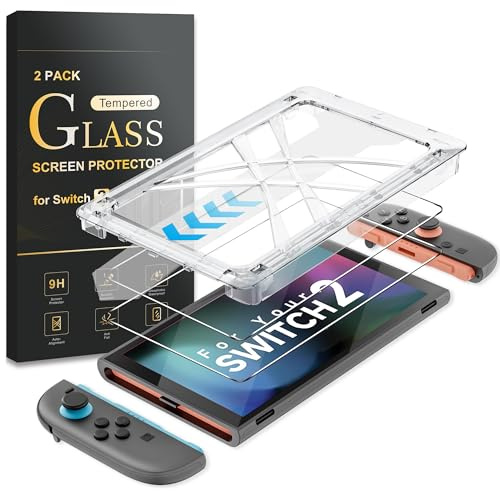 Skärmskydd i härdat glas för Nintendo Switch 2 2025, Switch 2 tillbehör med automatisk justering OneTouch-system, bubbelfri, 9H hårdhet anti-repor, anti-fingeravtryck, transparent HD klar [2-pack]