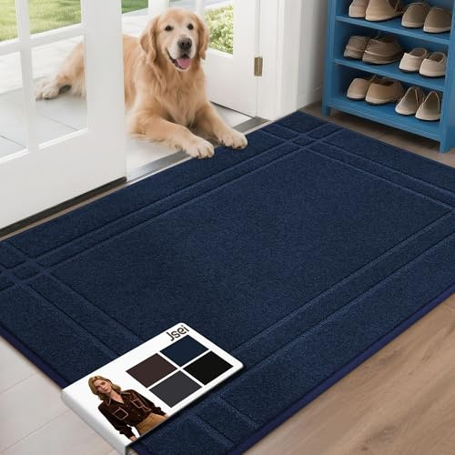 JSEI Tapis Anti-Salissures pour Intérieur 80x120 cm, Tapis de Sol Antidérapant Lavable en Machine, Tapis de Bienvenue, Tapis de Sol pour Chien, Entrée, Porte d'Entrée et Couloir, Bleu Marine