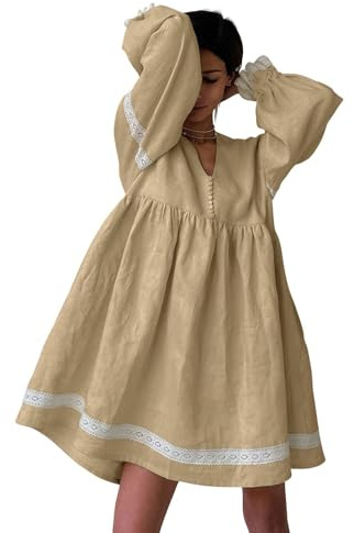 chouyatou Women's Cute Cotton Linen Loose Babydoll Dress Lantern Long Sleeve Lace Trim Mini Dress with Pockets (Small, Apricot)