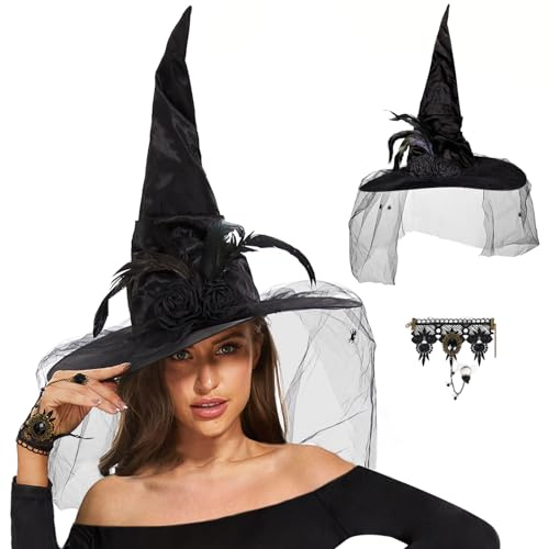 Joellfuner Halloween Chapeau de Sorcière et Bracelet Gothique, Chapeau de Vampire Sexy avec Voile et Araignée, Accessoires de Déguisement de Sorcière pour Halloween, Carnaval et Cosplay Zombie