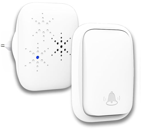 Timbre Inalámbrico Exterior Impermeable con Enchufe EU Integrado. Timbre Puerta con Alcance 150m, 38 Melodías, 4 Niveles de Volumen e Indicador LED. (1 Receptor + 1 Transmisor)