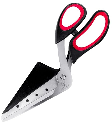 Pizza Lover Pizzaschere Edelstahl mit Antirutsch Griff und inkl. abtrennbare Servierschaufel - Küchenschere auch für Flammkuchen & Kuchen - Pizzazubehör - Spülmaschinenfest - Rot/Shwarz