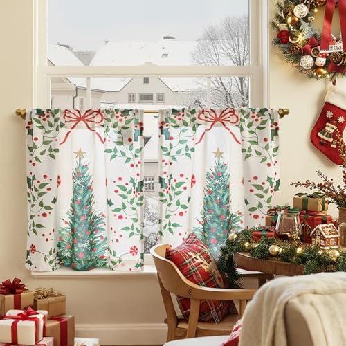 TOPICK Decorative Christmas Tree Cafe Curtains 24 Inch Drop, Linen-look Short Kitchen Curtains for Small Window, Rod Pocket Curtain Tier 2 Panels for Sink Basin, Utility Room, W26 x L24, White