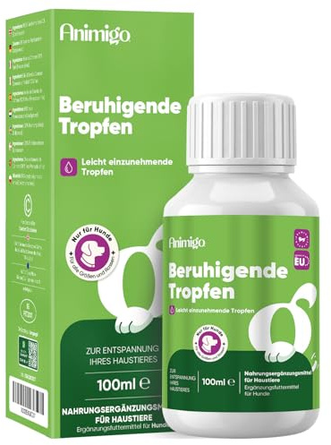 Lugnande droppar för hundar – 100 ml avslappnande droppar med zink, L-tryptofan, vitamin B3, B6, D3 och E – Vid fyrverkerier, åskväder, ångest och nervositet – Animigo